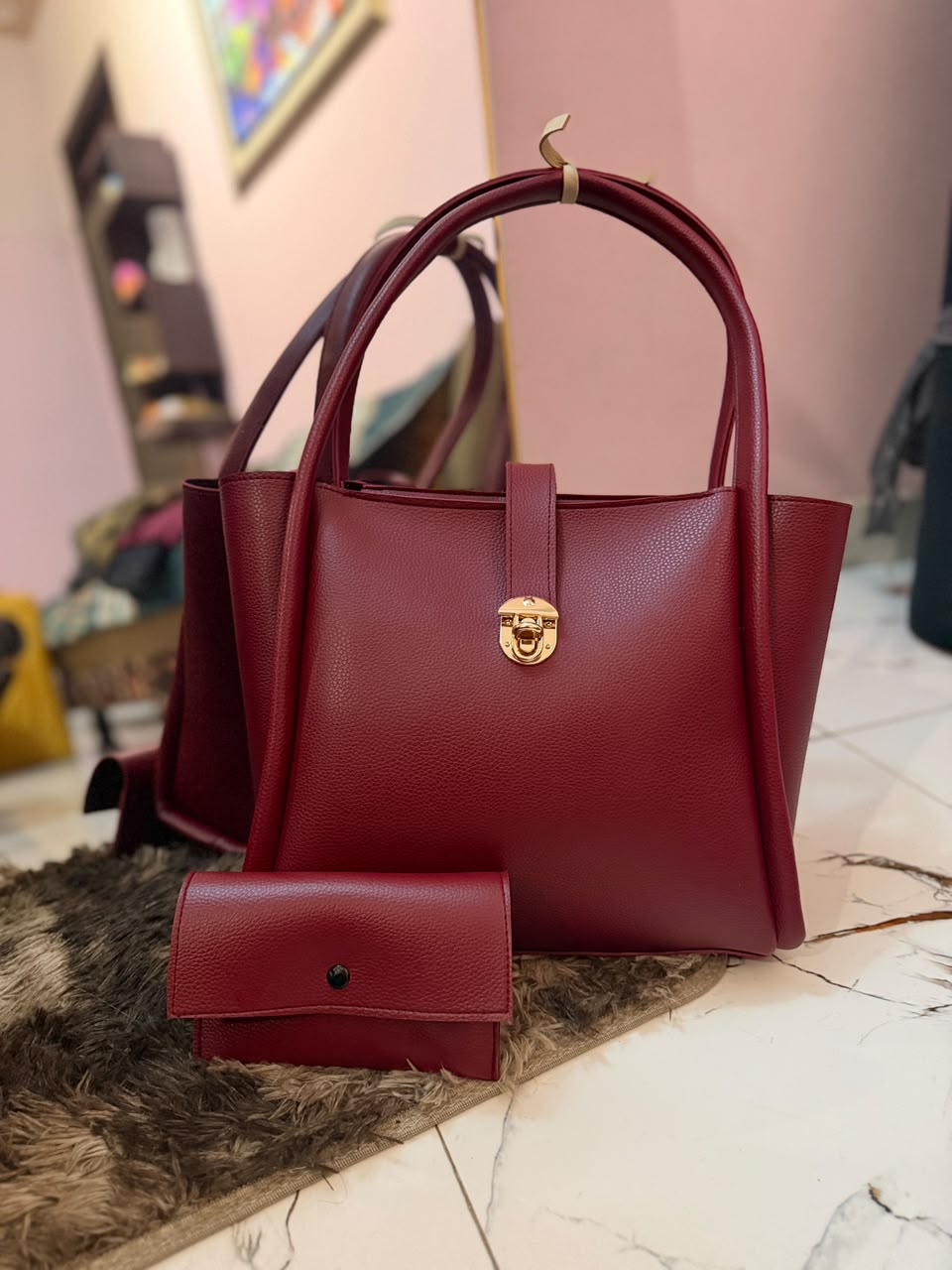 Royal Maroon 2-Piece Tote Bag Set - Premium Faux Leather Handbag with Matching Clutch