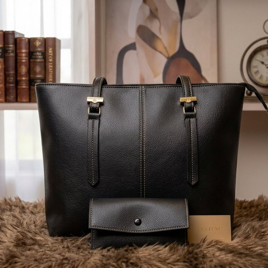 AURA LUXE 2-Piece Navy Blue Tote Bag Set - Premium Faux Leather Shoulder Bag with Wallet
